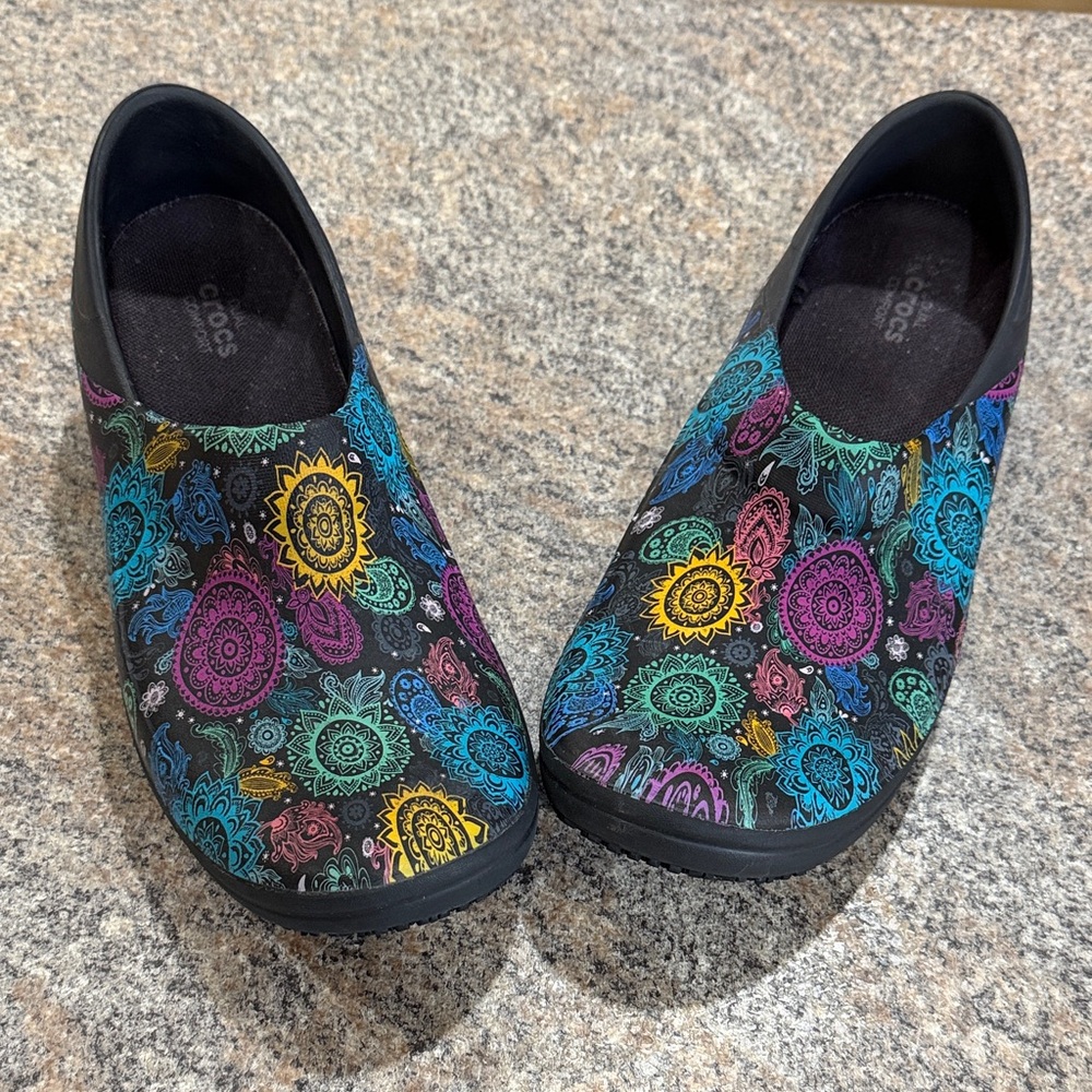 CROCS Black Clog Mules with Colorful Mandala Floral Print